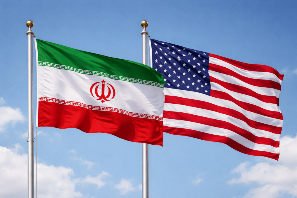 Flags of Iran and the United States flying side by side against a blue sky.